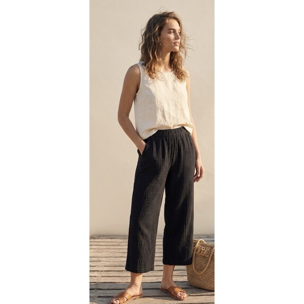 Calme Johnny Was Black Drawstring Gauze Cropped Pants Pockets M Lightweight